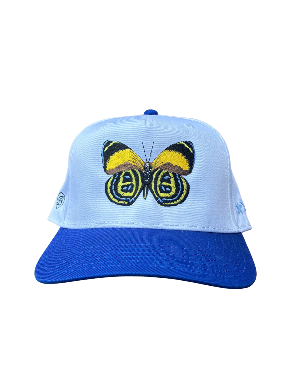 white and blue butterfly hat