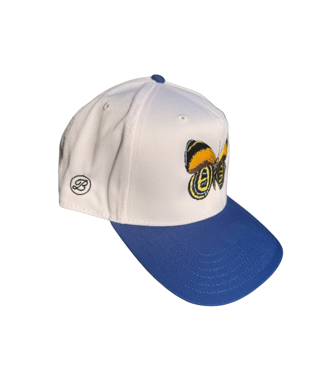 white and blue butterfly hat